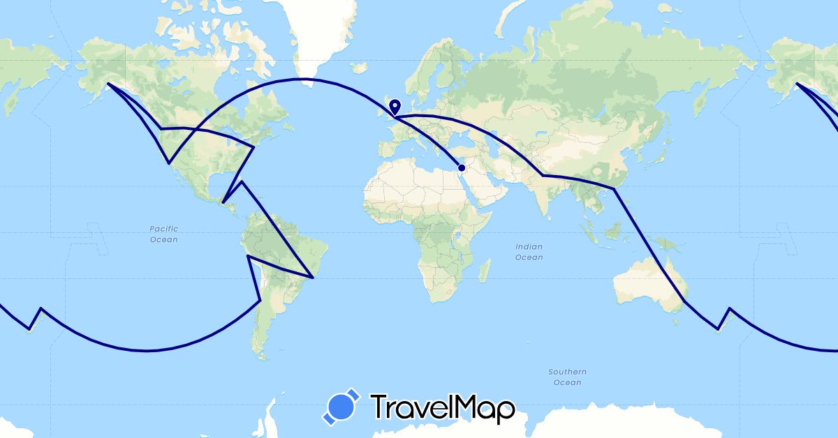 TravelMap itinerary: driving in Australia, Brazil, Chile, China, United Kingdom, Guatemala, Israel, India, New Zealand, Peru, United States (Asia, Europe, North America, Oceania, South America)